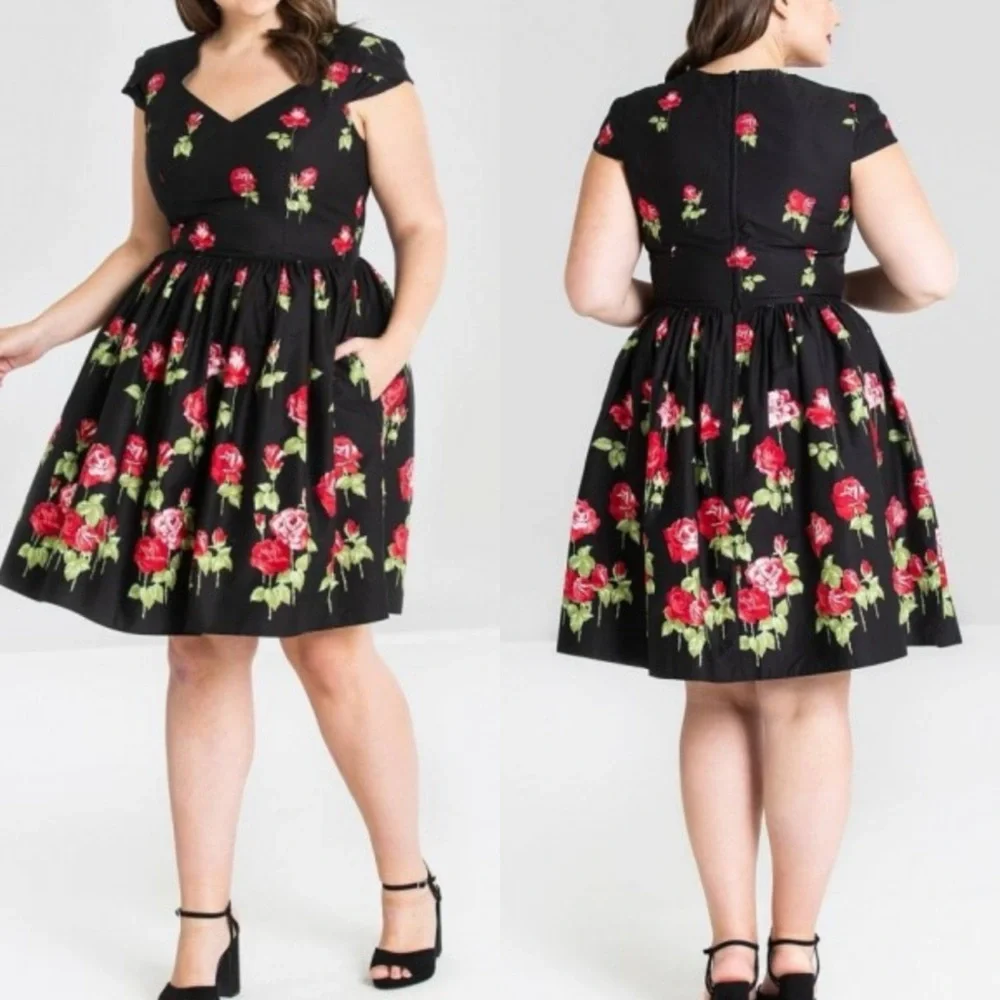 Hell Bunny Antonia Mid Dress Rose Print Floral Fit Flare Retro Pinup Rockabilly - Picture 1 of 16